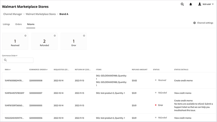 Le gestionnaire de canaux renvoie un tableau de bord pour traiter les remboursements pour les demandes de retour reçues de Walmart Marketplace