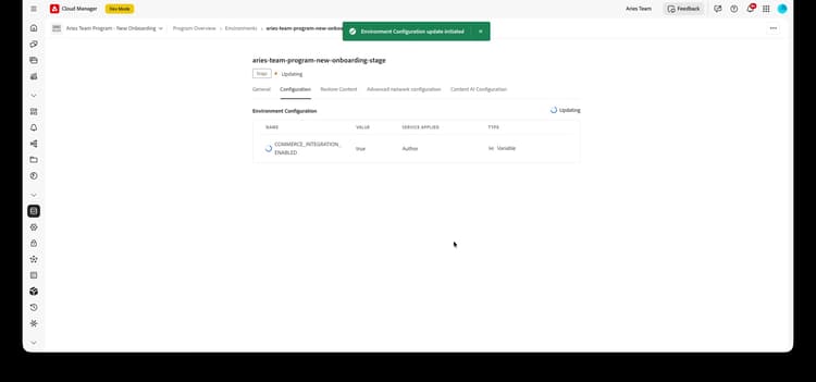 Cloud Manager avec la variable COMMERCEINTEGRATIONENABLED appliquée au service de création