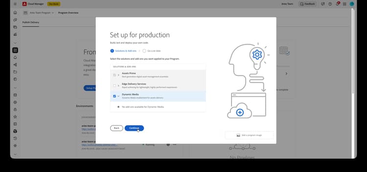 Étape Solutions et modules complémentaires Cloud Manager avec Dynamic Media sélectionnée