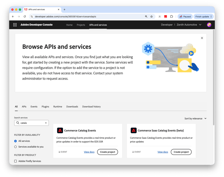 Fournisseur d’événements de catalogue Commerce sélectionné sur la page Parcourir les API et services ​