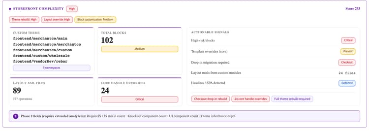 Section sur la complexité du storefront présentant les espaces de noms de thème personnalisés, le nombre total de blocs, les fichiers XML de disposition, les remplacements de descripteur principal et les signaux exploitables