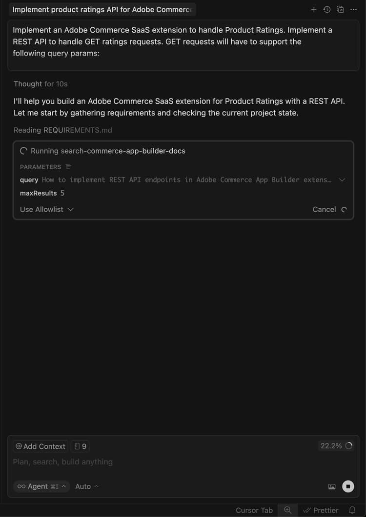 Fenêtre de conversation du curseur en mode Agent avec invite d’extension entrée