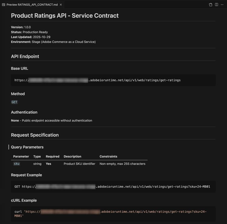 Fichier Markdown de contrat de l’API Ratings avec le point d’entrée et les détails de réponse