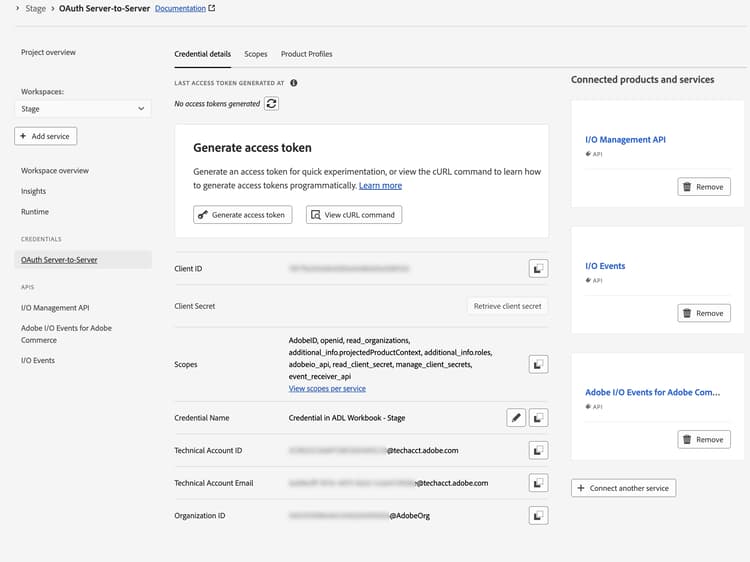 Page d’identification de serveur à serveur OAuth dans Adobe Developer Console