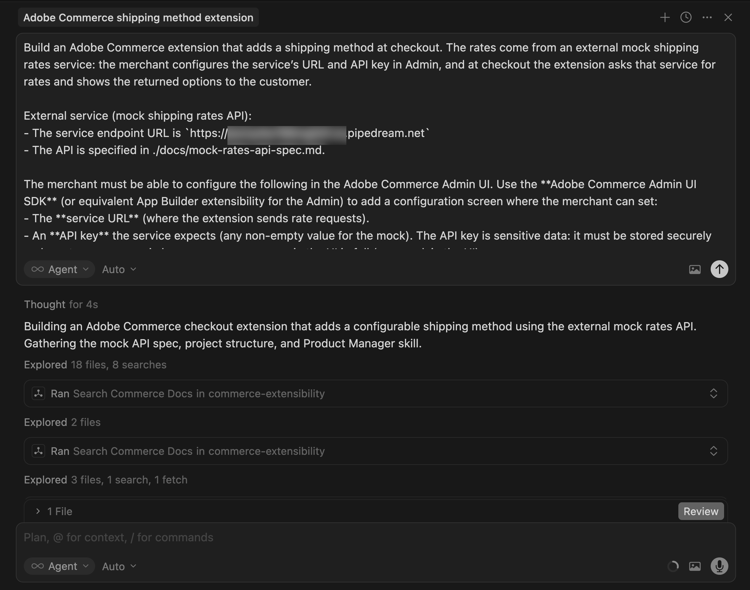 Fenêtre de conversation du curseur en mode Agent avec invite d’extension d’expédition saisie