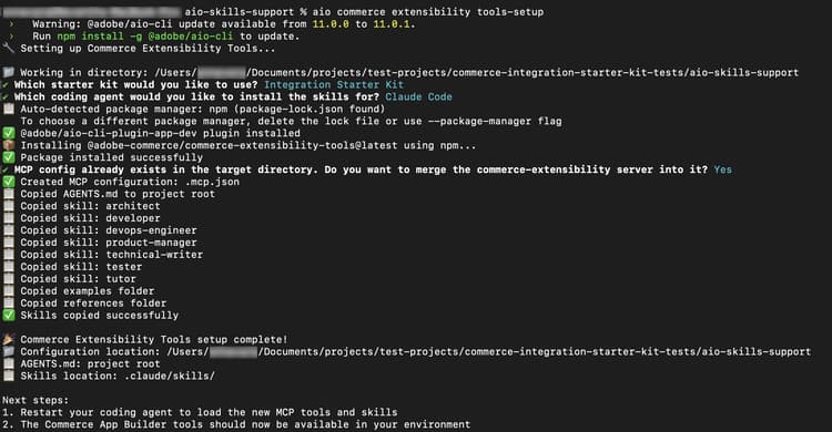 Terminal affichant la sortie de commande de configuration des outils d’extensibilité de l’IA