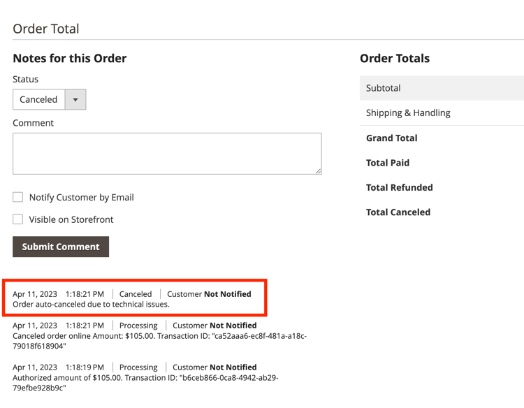 Commentaire de commande annulé dans Admin pour la commande