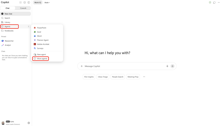 Copilote Microsoft 365 avec le menu Agents ouvert et Plus d'agents mis en surbrillance.