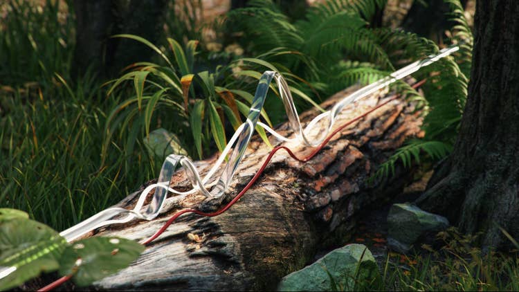 Scène d’une souche d’arbre sur un sol forestier, entrelacée avec des fils et des rubans CGI éclairés par un éclairage 3D extérieur