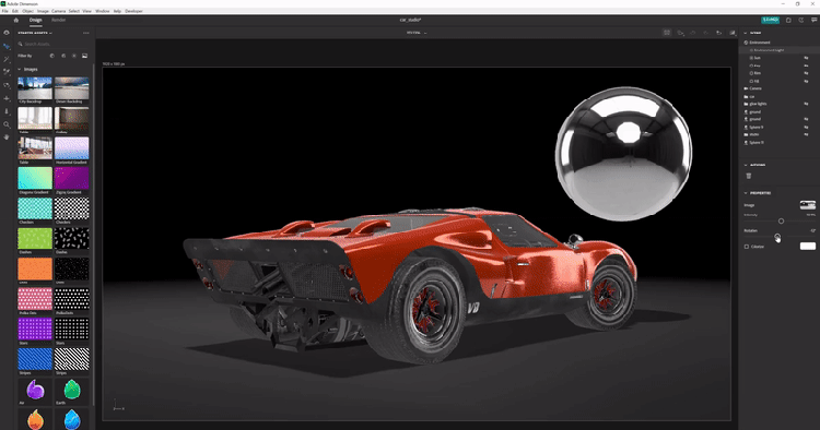 Manipulation des propriétés d’opacité pour l’éclairage de l’environnement du ciel sur un modèle de voiture 3D dans Adobe Dimension