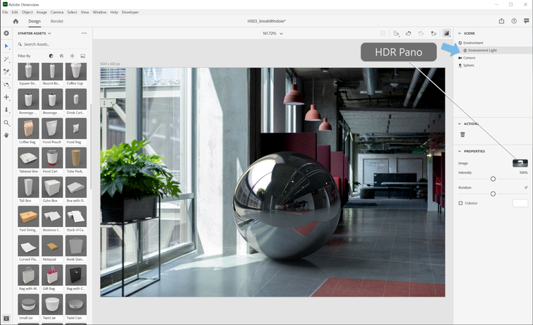 La source de lumière d’environnement peut être ajoutée à l’image d’arrière-plan d’une photo virtuelle à partir du menu Scène dans l’Adobe Dimension