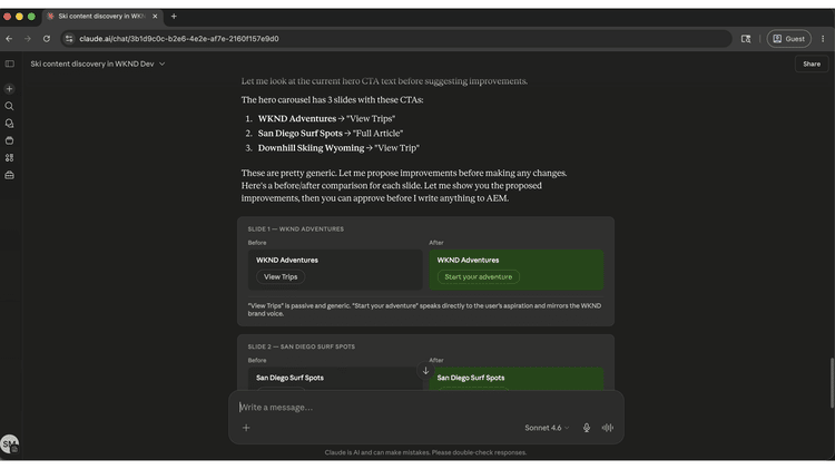 Client AI proposant une copie améliorée de CTA Hero avec une invite de confirmation avant d’appliquer les modifications