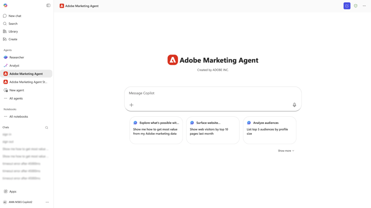Page d'accueil du copilote Microsoft 365 affichant Adobe Marketing Agent sur le tableau de bord principal.