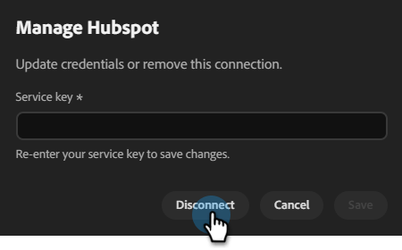 Boîte de dialogue Gérer HubSpot avec le bouton Déconnecter en surbrillance