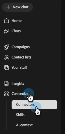 Menu Personnaliser développé dans la barre latérale avec l’option Connecteurs sélectionnée
