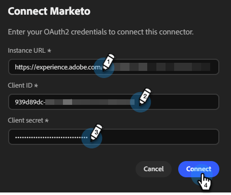 Boîte de dialogue Connecter Marketo à l’aide de champs tels que l’URL, l’ID client et le secret client