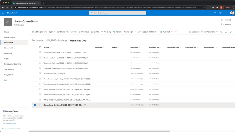 Capture décran du répertoire SharePoint avec le nouveau fichier de PDF