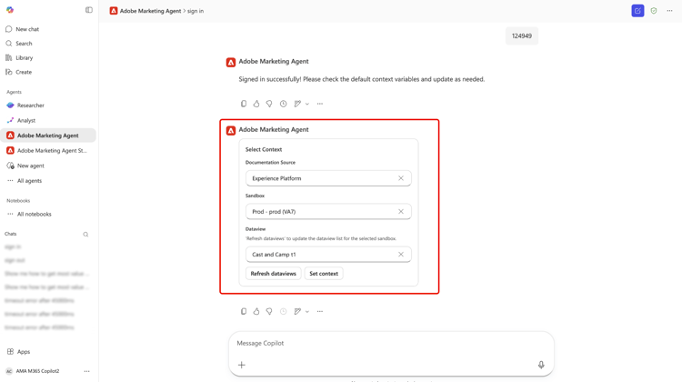 Interface utilisateur du définisseur de contexte pour choisir la source de documentation, le sandbox et la vue de données pour les requêtes.