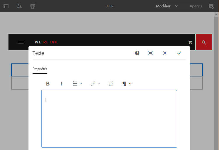 Mode de modification dans une boîte de dialogue dans l’IU tactile