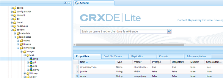 La propriété de valeur d’un type de fichier, telle qu’affichée dans CRXDE, est utilisée pour que les requêtes fonctionnent.