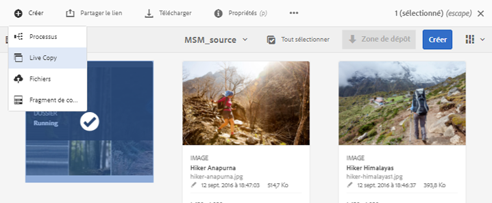 Création d’une Live Copy depuis l’interface d’Experience Manager