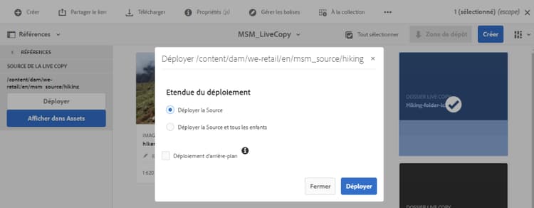 Déploiement des modifications de la source vers la Live Copy sélectionnée