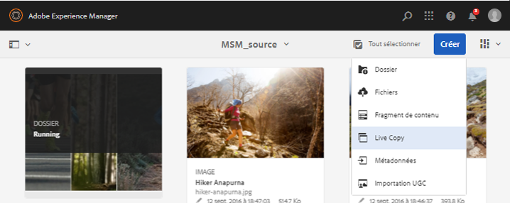 Création d’une Live Copy depuis l’interface d’Experience Manager