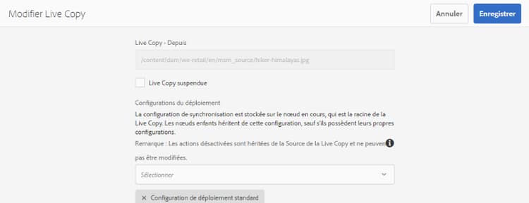 Pour une Live Copy spécifique, l’option permettant de suspendre la relation ou de modifier la configuration du déploiement est accessible depuis le rail Références lorsque la ressource source est sélectionnée