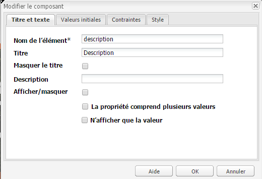 Onglet Titre et Texte (boîte de dialogue d’édition) ; le titre « Description » a été ajouté.