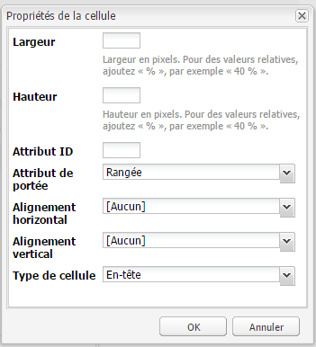 Boîte de dialogue Propriétés de la cellule ; définition d’une ligne (généralement la première) comme ligne d’en-tête.
