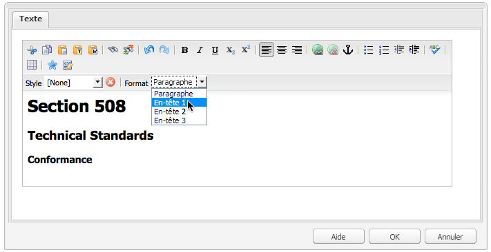 Titres H1 à H3 affichés dans le sélecteur déroulant (IU classique).