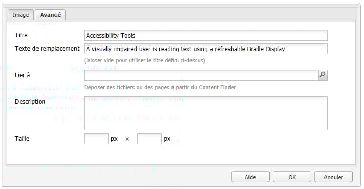 Boîte de dialogue de modification du composant Image dans l’interface utilisateur classique ; présente le champ Texte de remplacement.