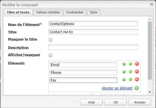 Ajout d’élément au groupe de cases d’option. Le titre du groupe est « Contactez-moi avant le », défini dans le champ Titre.