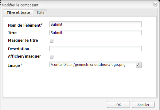 Bouton Image avec Texte de remplacement défini dans le champ Titre (boîte de dialogue d’édition).