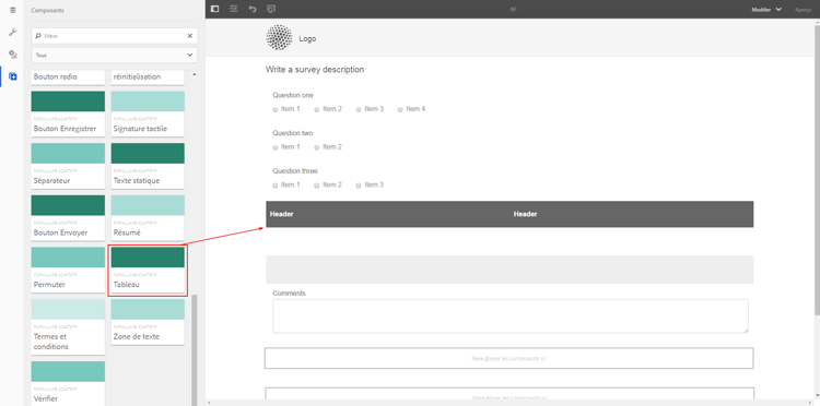 Composant Tableau dans la barre latérale AEM