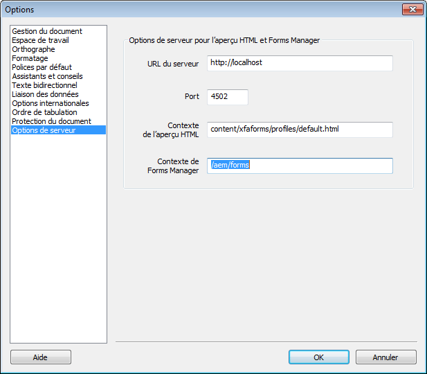 Options d’AEM Forms Designer