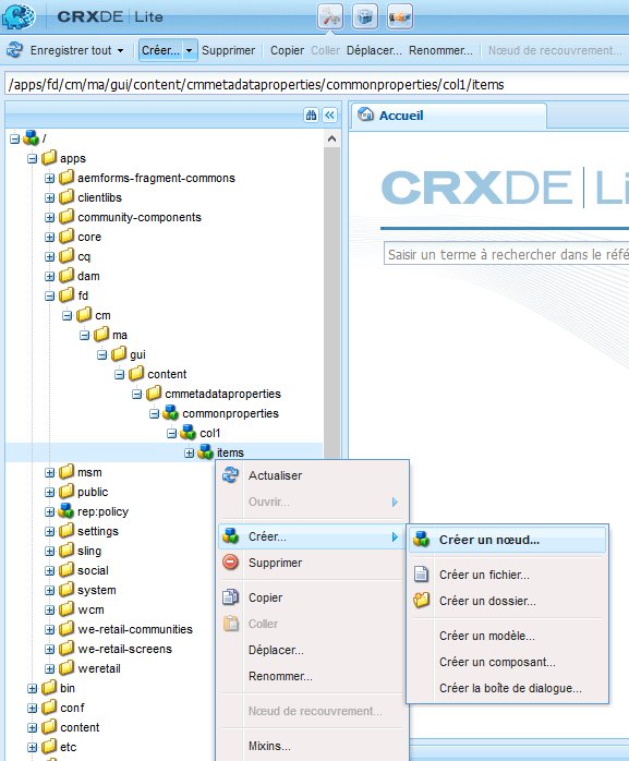 Créer un nœud dans CRX