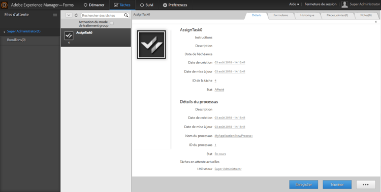 Aperçu de l’onglet Tâches de Workspace HTML affichant la configuration par défaut