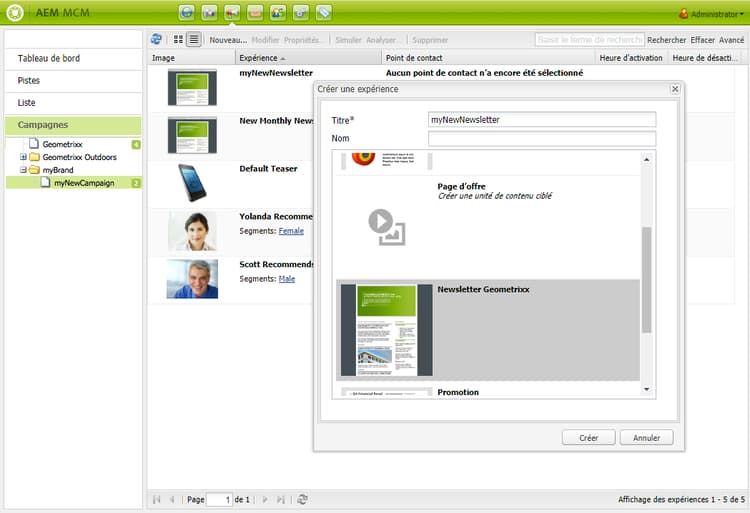 Boîte de dialogue Créer une expérience