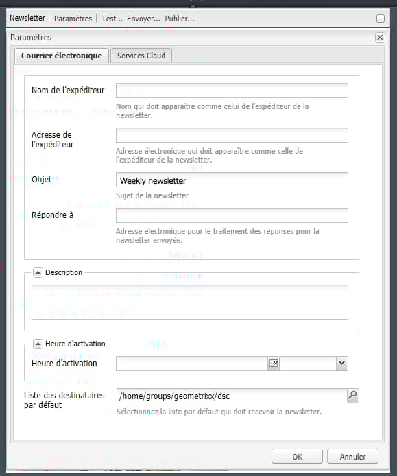 Modification des paramètres de newsletter