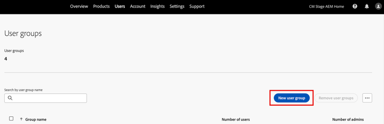 Bouton Nouveau groupe d’utilisateurs sur la page Groupes d’utilisateurs
