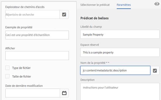 Associez une propriété de métadonnées à un prédicat dans le champ Nom de propriété