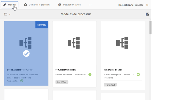 Page Modèles de workflow avec le workflow Retraitement Dynamic Media sélectionné en mode Carte