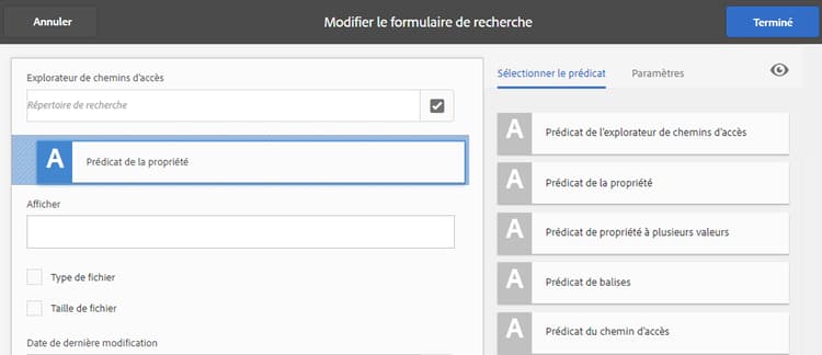 Sélectionnez et déplacez un prédicat pour personnaliser les filtres de recherche