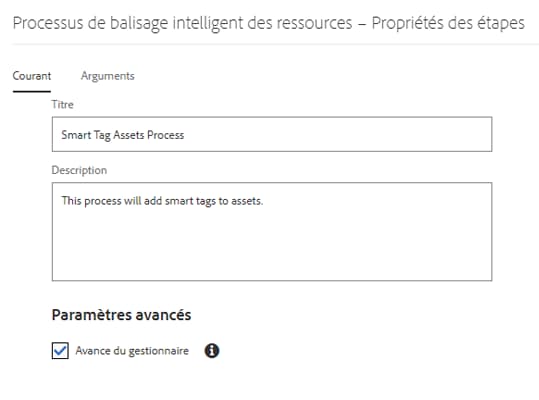 Configuration du workflow Ressource de mise à jour de la gestion des ressources numériques et ajout de l’étape des balises intelligentes