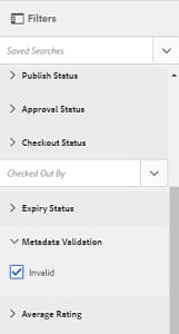Option sélectionnée dans le prédicat Validation des métadonnées du panneau Filtres