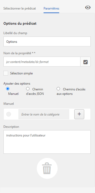 Champs disponibles dans le prédicat Options