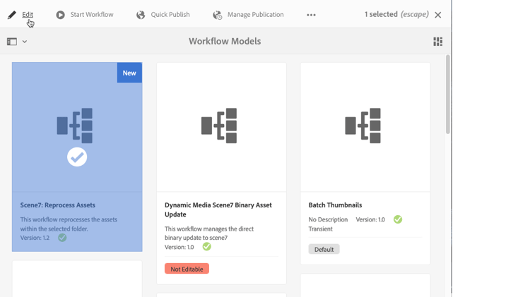 Page Modèles de workflow avec le workflow Retraitement Dynamic Media sélectionné en mode Carte