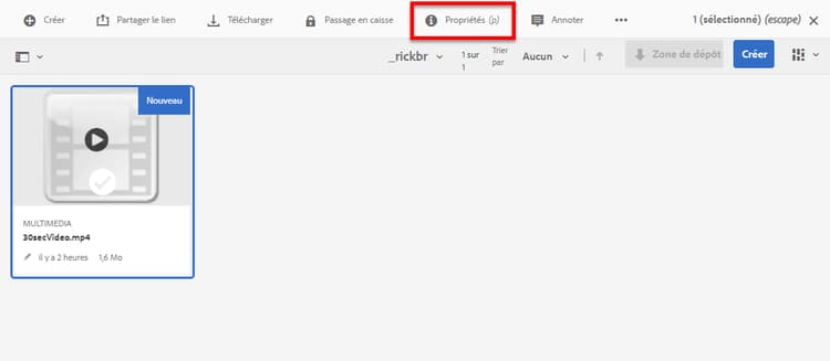 Ressource vidéo sélectionnée avec une coche sur l’image de la miniature vidéo et l’option Afficher les propriétés surlignée sur la barre d’outils.