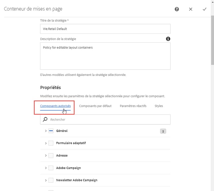 Composants autorisés